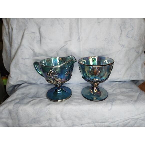 Blue Carnival Glass Cream and Sugar Set Harvest Grape 70s - Picture 3 of 6